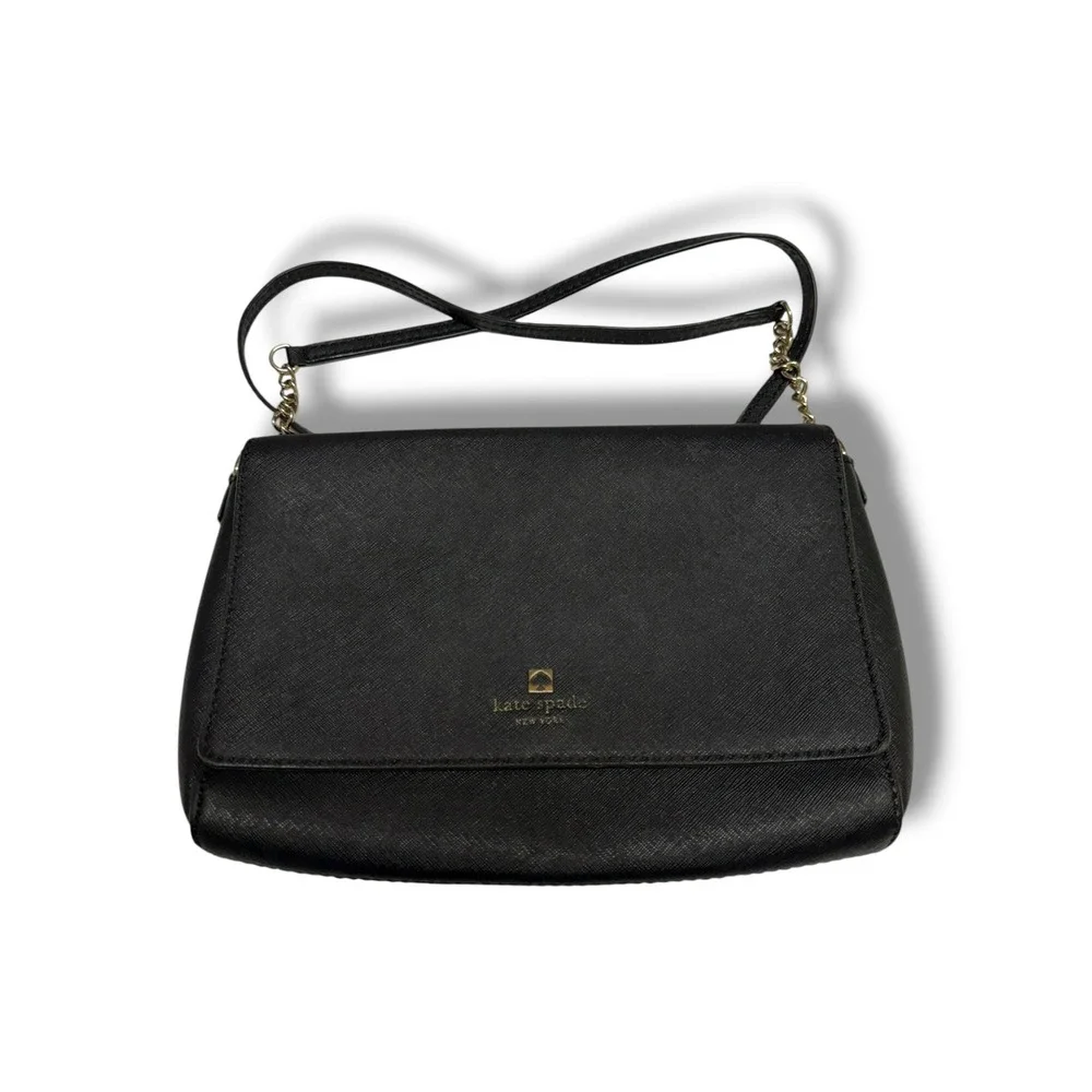 Kate Spade New York Black Saffiano Leather Crossbody Bag Gold Hardware Flap Snap